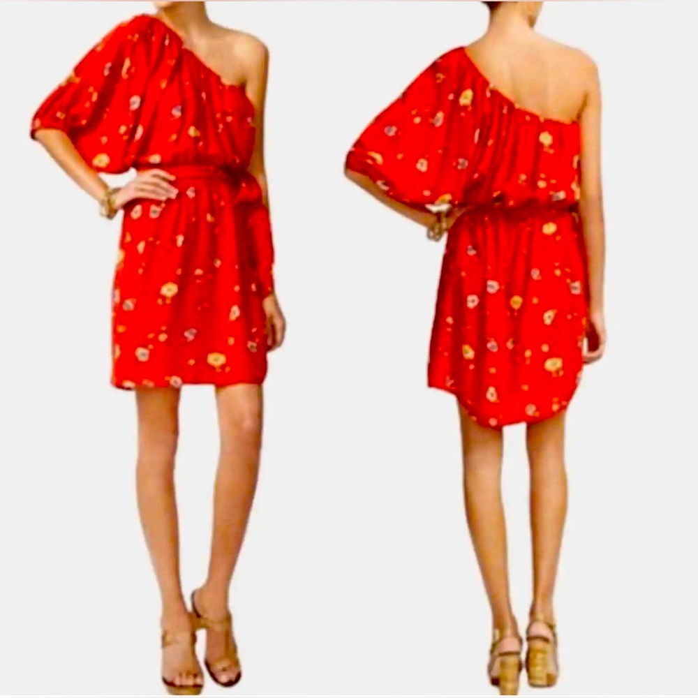 Rebecca Taylor Red One Shoulder Floral Poppy Dress size 0